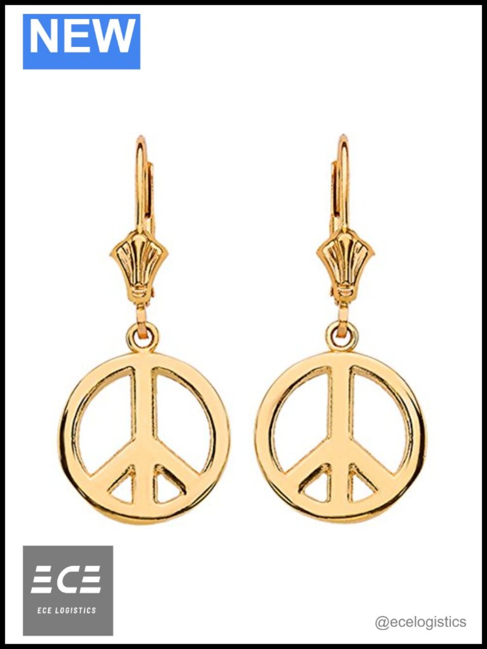 14K Solid Gold Boho Peace Sign Dangle Earrings Lever Back Drop